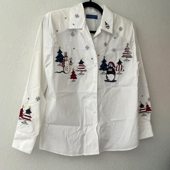 VINTAGE KAREN SCOTT EMBROIDERED CHRISTMAS BUTTON DOWN SHIRT - Picture 3 of 16